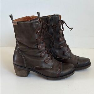 Pikolinos gray brown lace up side zip leather ankle boot stacked heel le mans